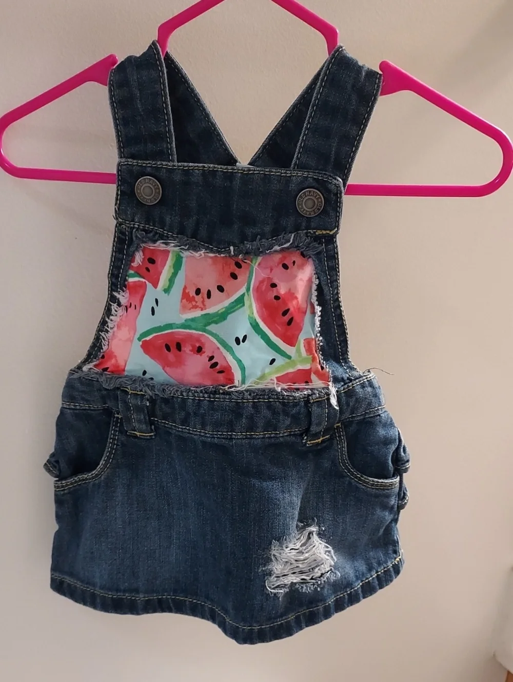 Old Navy Denim Overall Dress with Pink & Green Watermelon Print